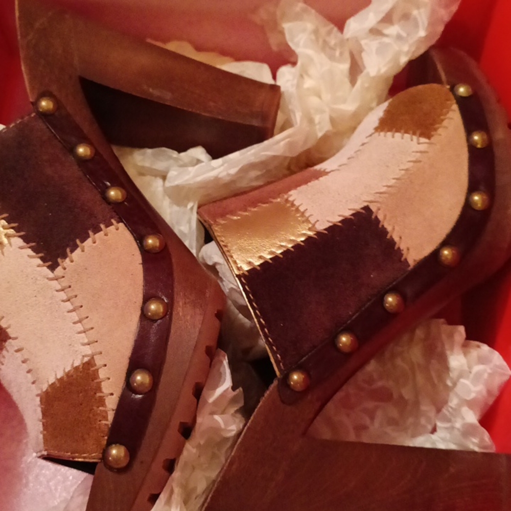 Coach Chelsea Patchwork Suede Open Toe Heeled Clogs